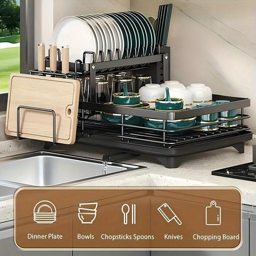 2-Tier Dish Drying Rack for Kitchen Counter with Drainboard Drain Mat Knife Fork Cup Holder Utensil Organizer Dish Drainer Kitchen Gadget Gift for Women Mother's Day
