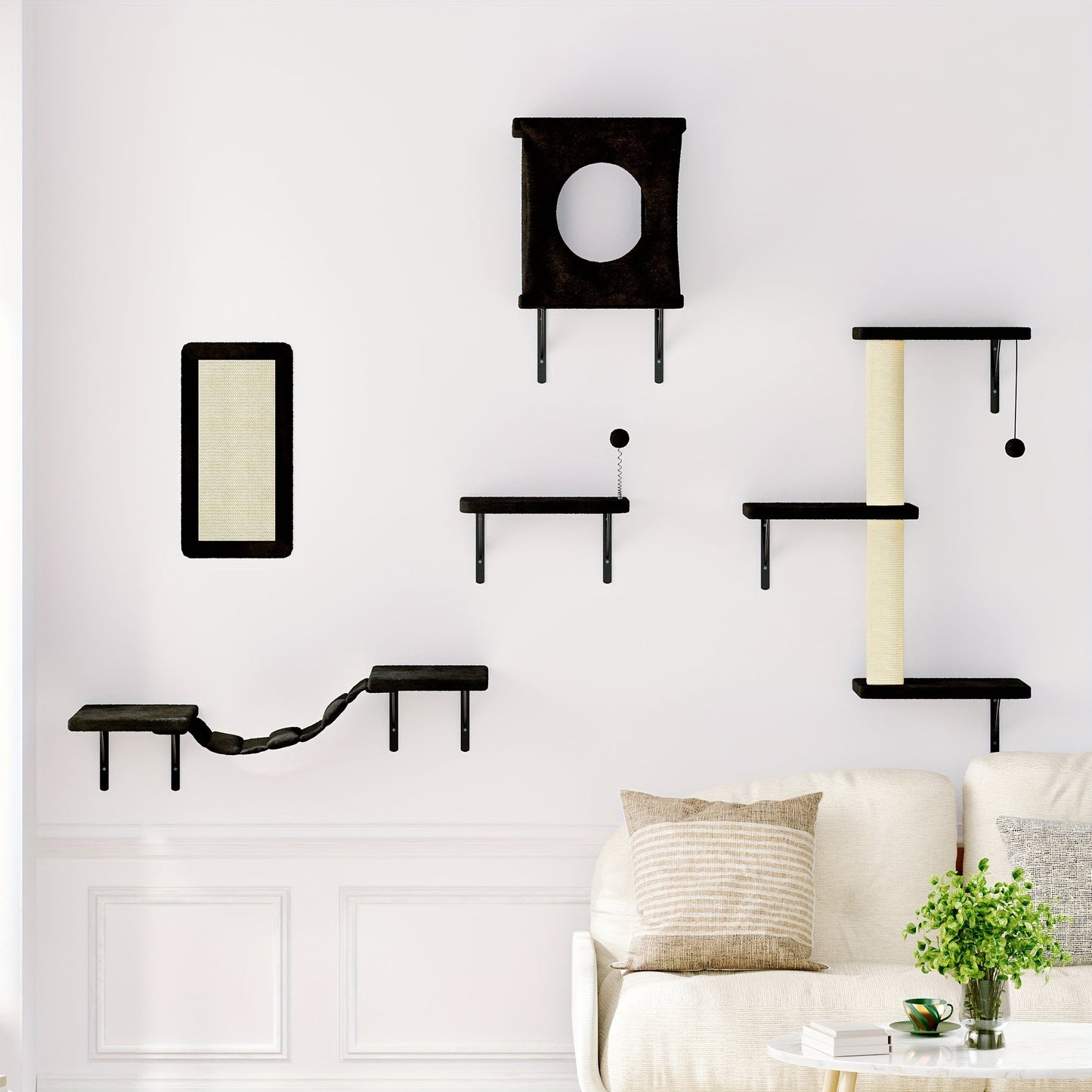 Cat Wall Shelves 5-Piece Set - Wall-Mounted Floating Cat Perch, Climber & Bridge, Modern Cat Furniture for Indoor Cats, Cat Tree Alternative with Cat Bed Platform, Space-Saving Cat House
