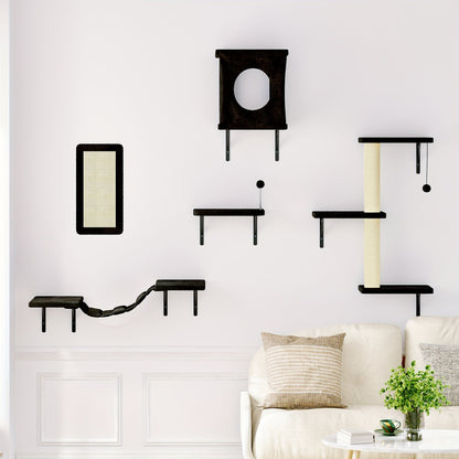 Cat Wall Shelves 5-Piece Set - Wall-Mounted Floating Cat Perch, Climber & Bridge, Modern Cat Furniture for Indoor Cats, Cat Tree Alternative with Cat Bed Platform, Space-Saving Cat House