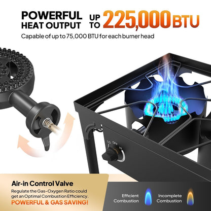 High Pressure Propane Burner Stove 100,000-225,000 BTU - Heavy Duty Cast Iron Outdoor Camp Cooker with Detachable Legs, CSA Listed Regulator, 1 or 3 Burner for Camping, Tailgating & Brewing