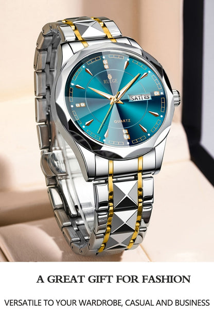 Men's Luxury Quartz Chronograph Watch – Luminous Blue Dial, Stainless Steel Case & Strap, Calendar Date Display, Elegant Business Dress Watch Gift for Him