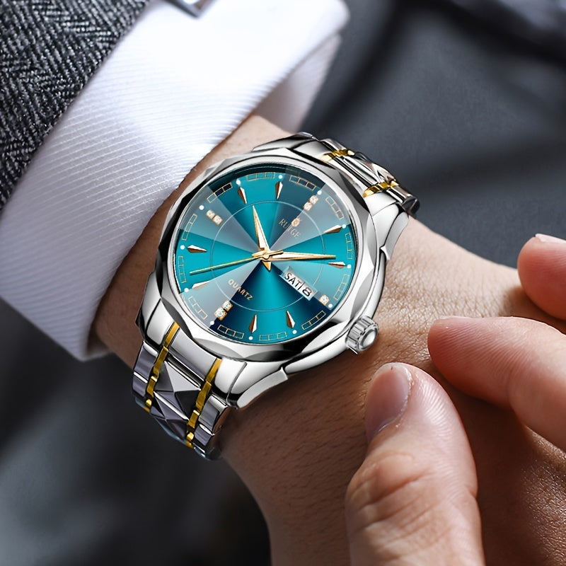 RUIGE Men's Fashion Quartz Watch – Night Light, Dual Calendar, Diamond Shaped Mirror Dial, Stainless Steel Case, Alloy Strap, Business Casual Wristwatch, Perfect Father's Day Gift for Men