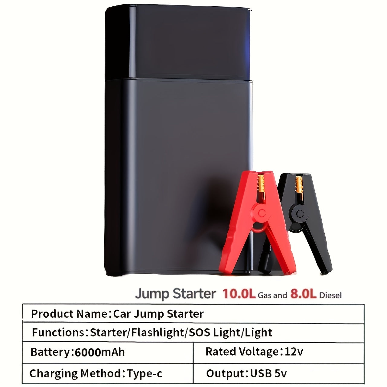 7-in-1 Portable Car Jump Starter 10000mAh – Multi-Functional Emergency Battery Booster with LED Emergency Light for Gas (2.64 Gal) & Diesel (2.38 Gal) Engines, Car Emergency Tool Kit
