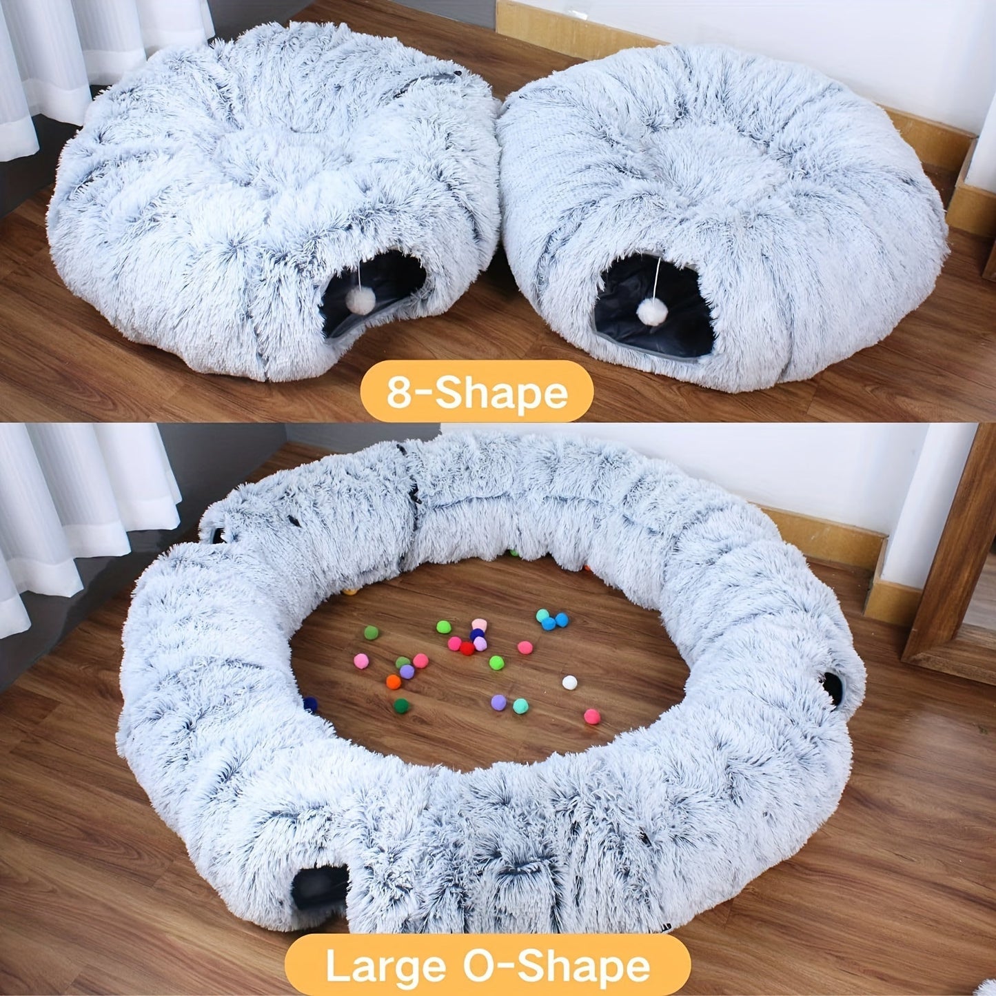 Cat Tunnel with Bed & Donut Peep Hole – Soft Plush Indoor Cat Toy, Multi-functional Hideout & Amusement Park for Cats, Kittens & Rabbits, Includes Pet Scarf, Small Medium Large