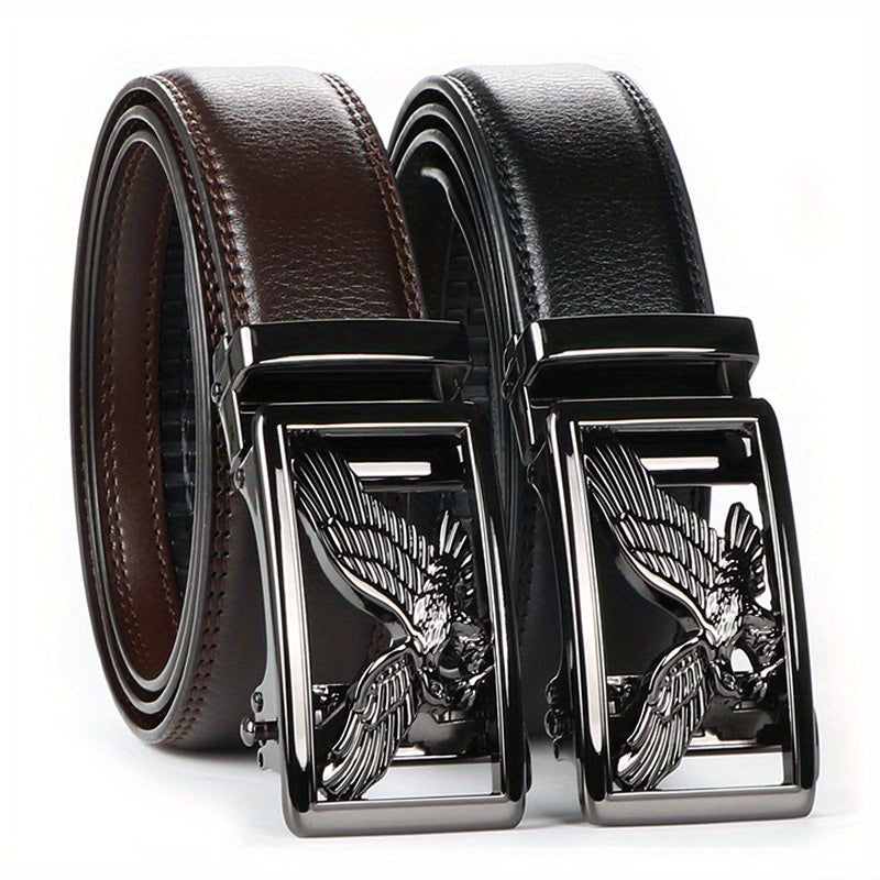 2pcs Men's Genuine Leather Belt Set with Automatic Ratchet Buckle – Adjustable Comfort Fit for 30"-44" Waist, Business & Casual Dress Belts in Black Light Brown & Black Dark Brown