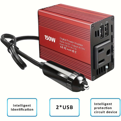 150W Car Power Inverter 12V DC to 110V AC Converter with Dual USB 3.1A Ports – Vehicle Adapter Plug for Laptop, Phone, Tablet, Road Trip Essentials