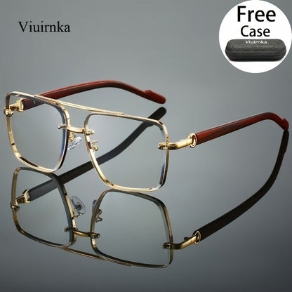 Square Retro Sunglasses for Men and Women Wood Grain Double Beam Design UV Protection Fashion Eyewear with Case for Driving Travel Beach Street Photography Holiday Gift 7 Color Options