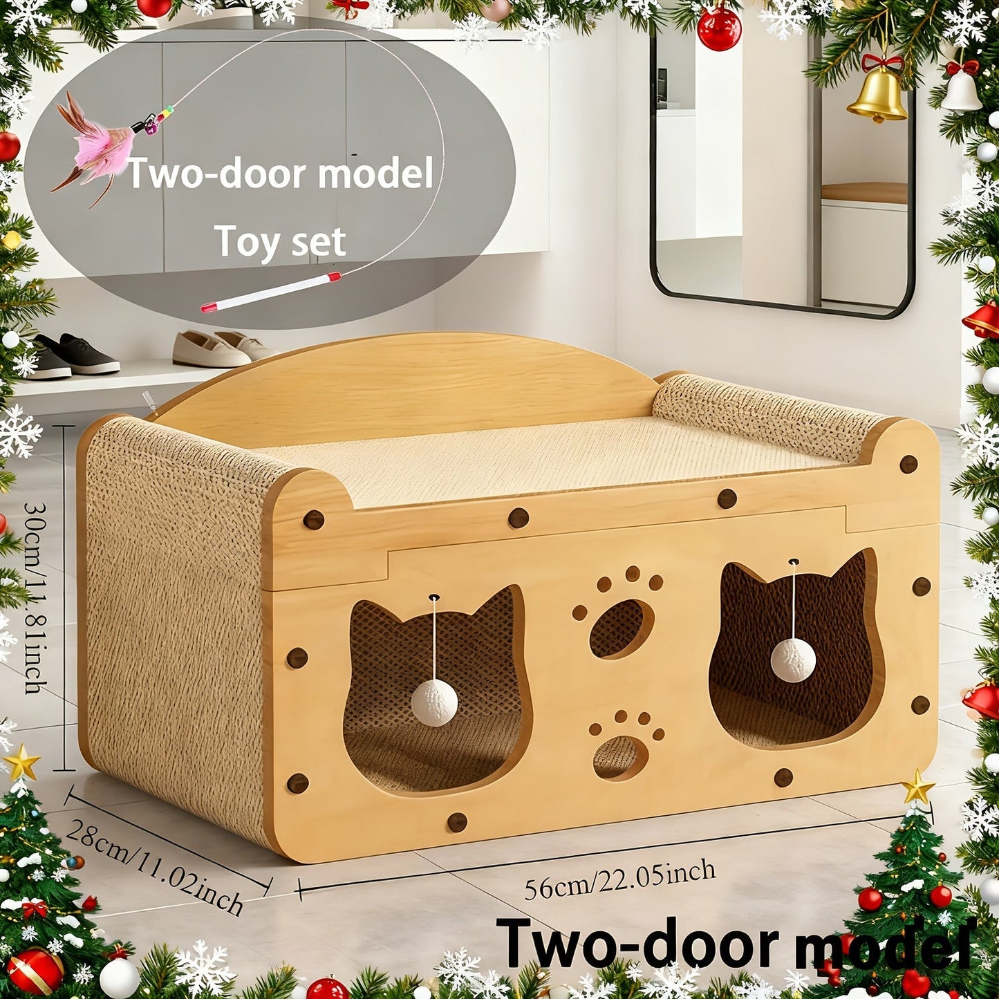 Large Cat House with Scratcher Pads & Plush Ball Toys – Ventilated Indoor Outdoor Cat Shelter, Choose Single Door, Double Door or Luxury Double-Layer Design, Great Cat Gift
