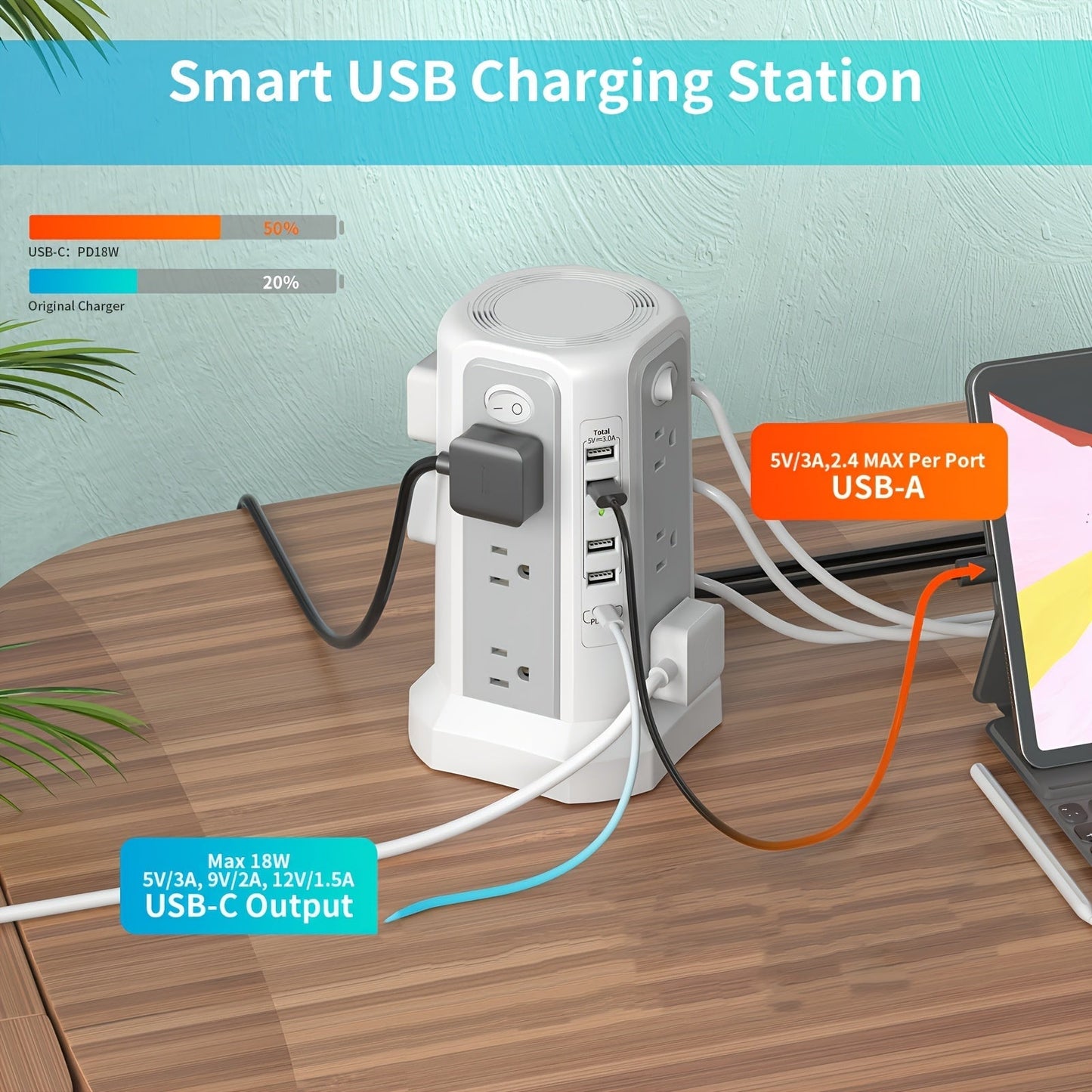 Tower Surge Protector Power Strip 12 AC Outlets 5 USB Ports PD 18W USB-C Fast Charging 10FT Extension Cord 1800J Surge Protection 4 Switches for Home Office Desk Dorm Room – Space-Saving Vertical Design