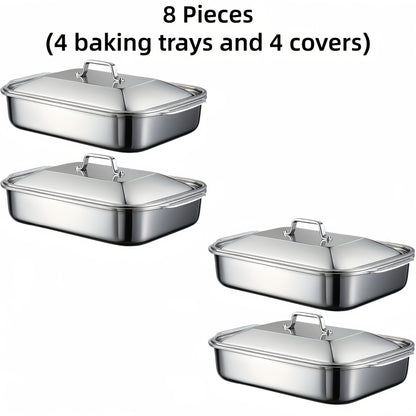 Stainless Steel Baking Pans with Lids Set – Extra Large Non-Stick Heavy Duty Rectangular Oven Trays for Roasting Bread Desserts Seafood BBQ Buffet Serving, 2 4 6 8 Pack Options