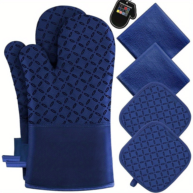 Oven Mitts and Pot Holders Set 6 Piece Heat Resistant Non-Slip Silicone Kitchen Gloves for Baking BBQ Cooking – Includes 1 Pair Mitts & 4 Pot Holders
