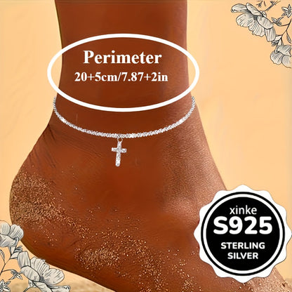 S925 Sterling Silver Cross Anklet for Women – Dazzling Synthetic Diamond End, Bohemian Beach & Vacation Jewelry, Casual Outfit Accessory, Perfect Gift for Valentine's Day & Mother's Day