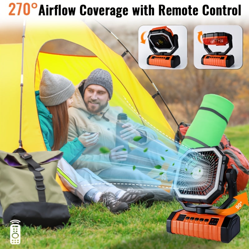 20000mAh Rechargeable Camping Fan with Built-in LED Light Tent Hook USB Charging Portable Battery Powered Outdoor Cooling Fan for Camping Hiking Power Outages Construction Sites Orange Upgraded Model