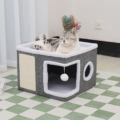 Foldable Multi-Layer Cat House with 2-Tier Bed Toy Tunnel Scratching Post Plush Hanging Ball and Cozy Mat Indoor Cat Cube Enclosure Nylon Frame Canvas All-Season Cat Furniture