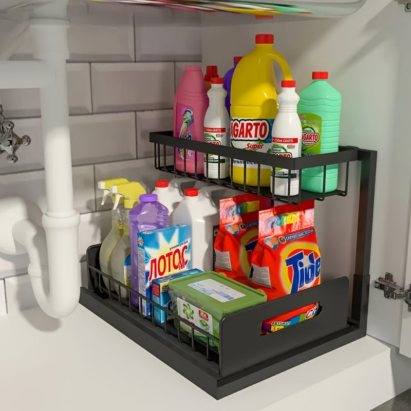 Under Sink Organizer Pull Out 2-Tier Slide Out Cabinet Shelf Kitchen Bathroom Storage Rack Utility Organizer – Black White Light Grey, 1 or 2 Pack