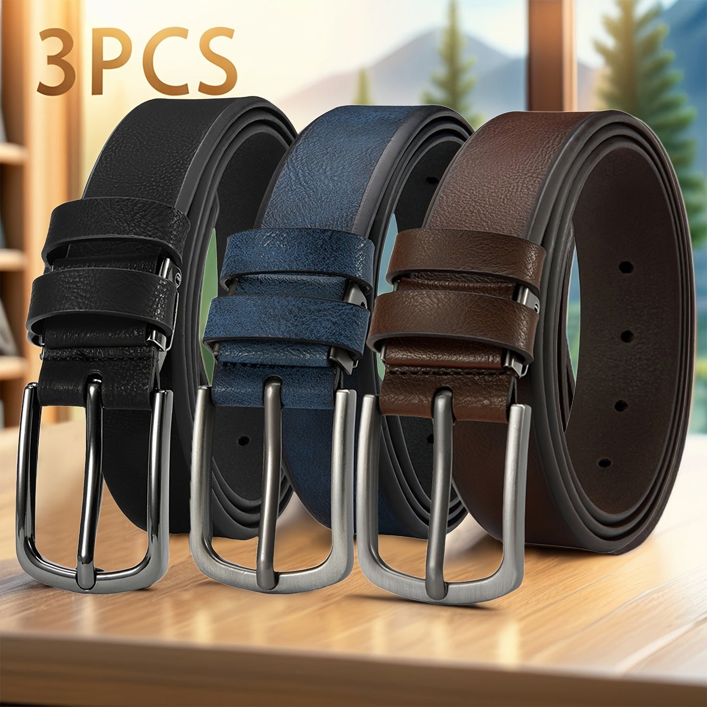 3pcs Men's Genuine Leather Belt Set with Pin Buckle – Classic Vintage Cowhide Adjustable Jean Belts for Men, Multiple Colors & Sizes