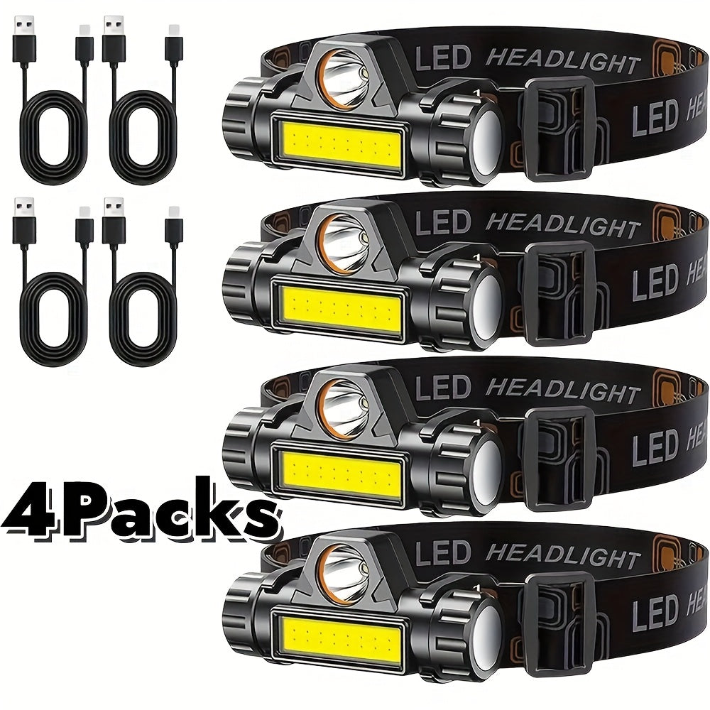 Rechargeable COB LED Headlamp 4-Pack – Super Bright USB Rechargeable Headlight with Magnetic Base, Long Range & COB Modes, Adjustable Hard Hat Clip, 500mAh Battery for Camping, Hiking, Fishing & Work