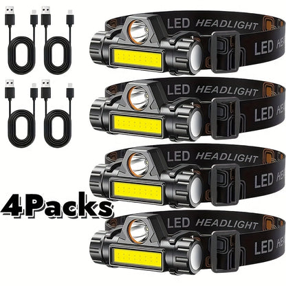 Rechargeable COB LED Headlamp 4-Pack – Super Bright USB Rechargeable Headlight with Magnetic Base, Long Range & COB Modes, Adjustable Hard Hat Clip, 500mAh Battery for Camping, Hiking, Fishing & Work