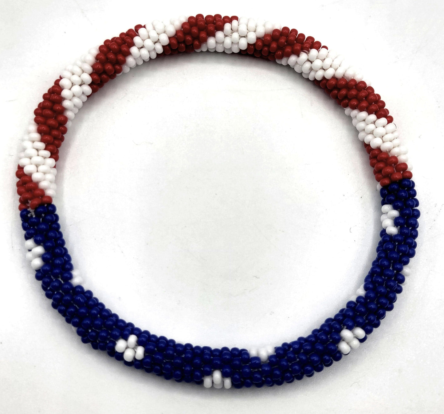 Set of 2 Handmade USA Flag Patriotic Glass Bead Bracelets – Boho Roll-On Crochet Bangles for Men & Women, Nepal Artisan Jewelry, Red White Blue Beaded Bracelet Set, 4th of July Gift