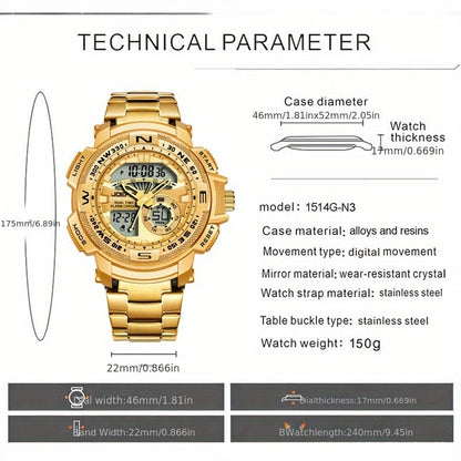 Men's Dual Display Sport Watch – Large Face LED Night Light, 3ATM Waterproof, Chronograph, Alarm & Calendar, Field Style Wristwatch in Gold & Silver