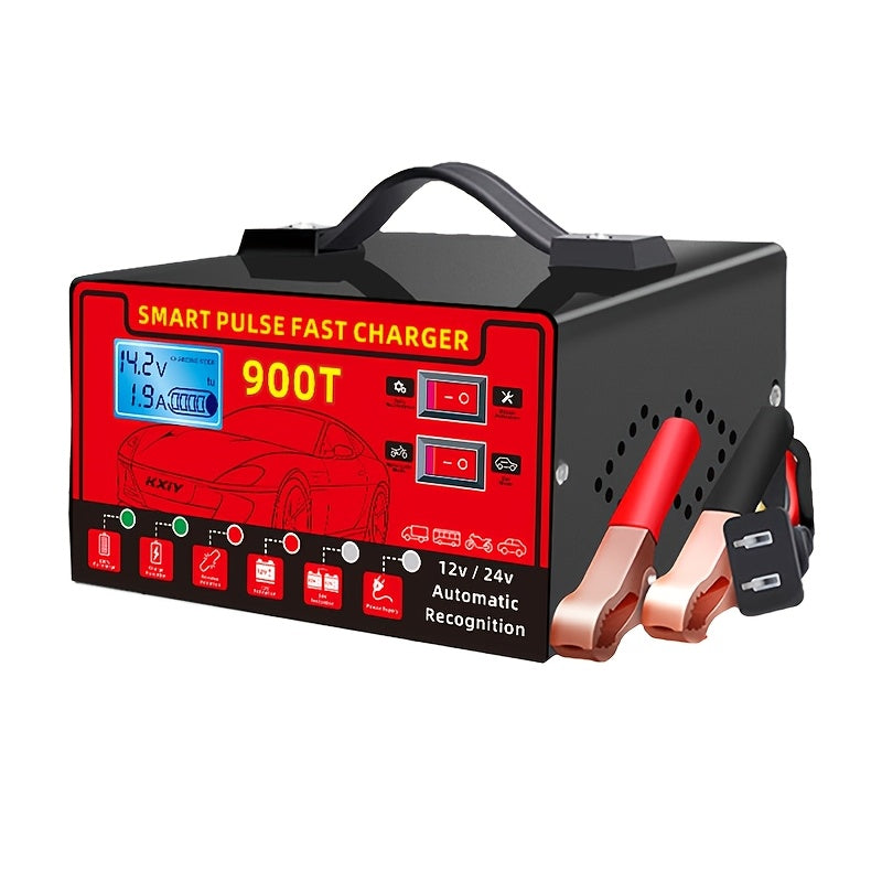 Smart Universal Battery Charger for 12V & 24V – LCD Screen, Pulse Repair & Temperature Regulation, Trickle Charger Maintainer for Car, Truck, Motorcycle, Boat, Lawn Mower & Harvester Batteries