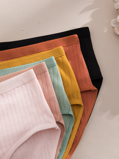 6-Pack Ribbed Thong Panties Women Soft Breathable Mid-Waist | Rib-Knit Triangle Underwear Solid Colors | Maternity-Friendly Everyday Panties Set | S to 5XL Mixed Colors