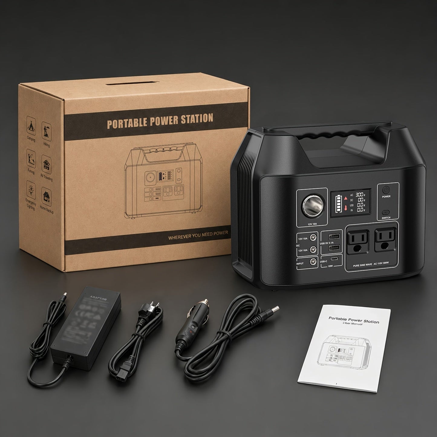 Portable Power Station 100W / 300W Solar Generator – AC Outlet, USB QC3.0, DC Port, LED Flashlight, High Capacity Battery Pack for Camping Hiking Road Trip CPAP Hurricane Emergency