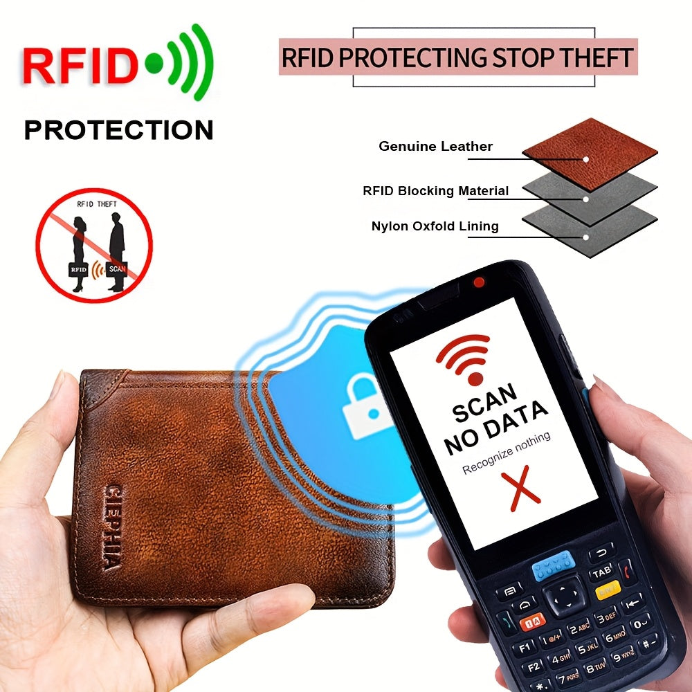 RFID Blocking Genuine Leather Wallet for Men Trifold Cowhide Vintage Credit Card Holder 2 ID Windows Money Clip Cash Slots Father's Day Gift for Dad Husband