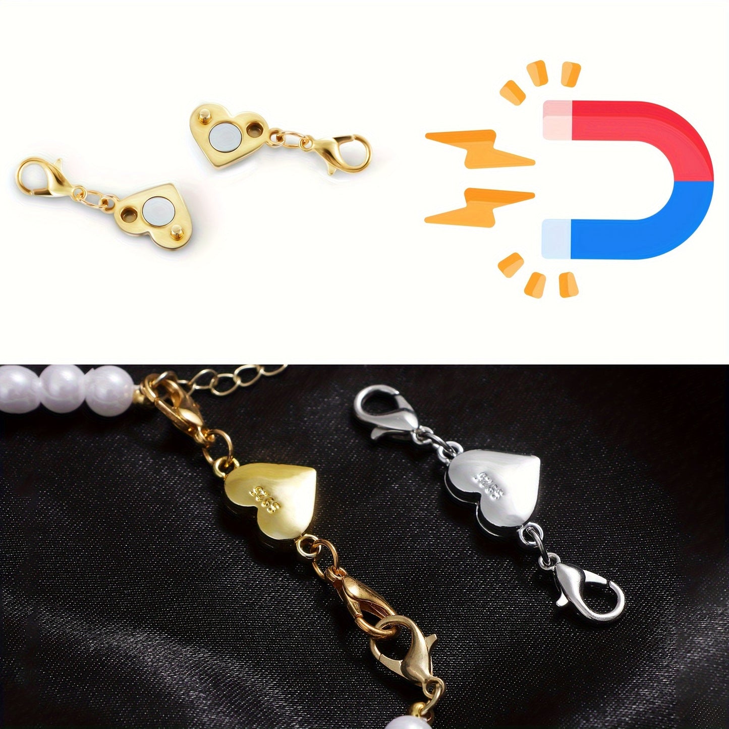 925 Silver Heart-Shaped Magnetic Necklace Clasps & Closures Multi-Pack - Easy-Connect Magnetic Clasp Converter for Jewelry Making, Chain Extender Connector for Necklaces & Bracelets, Gold & Silver