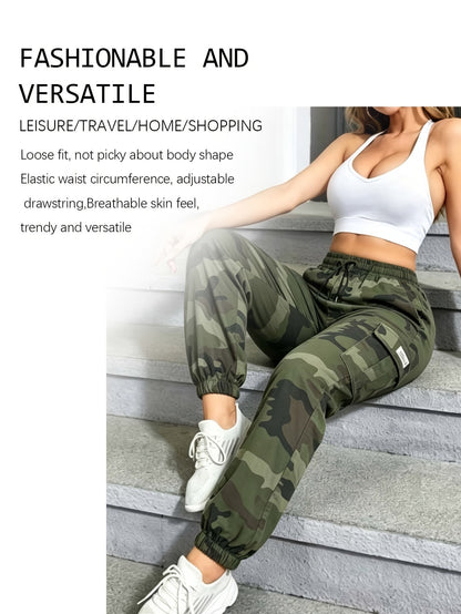 Women's Camo Cargo Pants – Lightweight Breathable Hiking Outdoor Casual Long Pants Multi-Pocket Elastic Waist XS-XXL Camouflage
