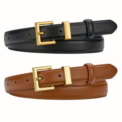 Women's Belts Set of 2 Square Gold Buckle Two-Tone Colors for Jeans Dresses Casual Fashion Outfits – Sizes S to 2XL, Brown Black Beige