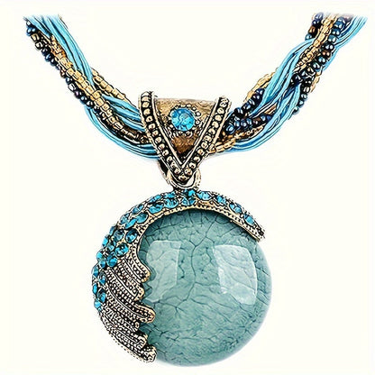 Boho Turquoise Rhinestone Pendant Collar Necklace for Women Vintage Twist Woven Rope Chain Adjustable Statement Jewelry