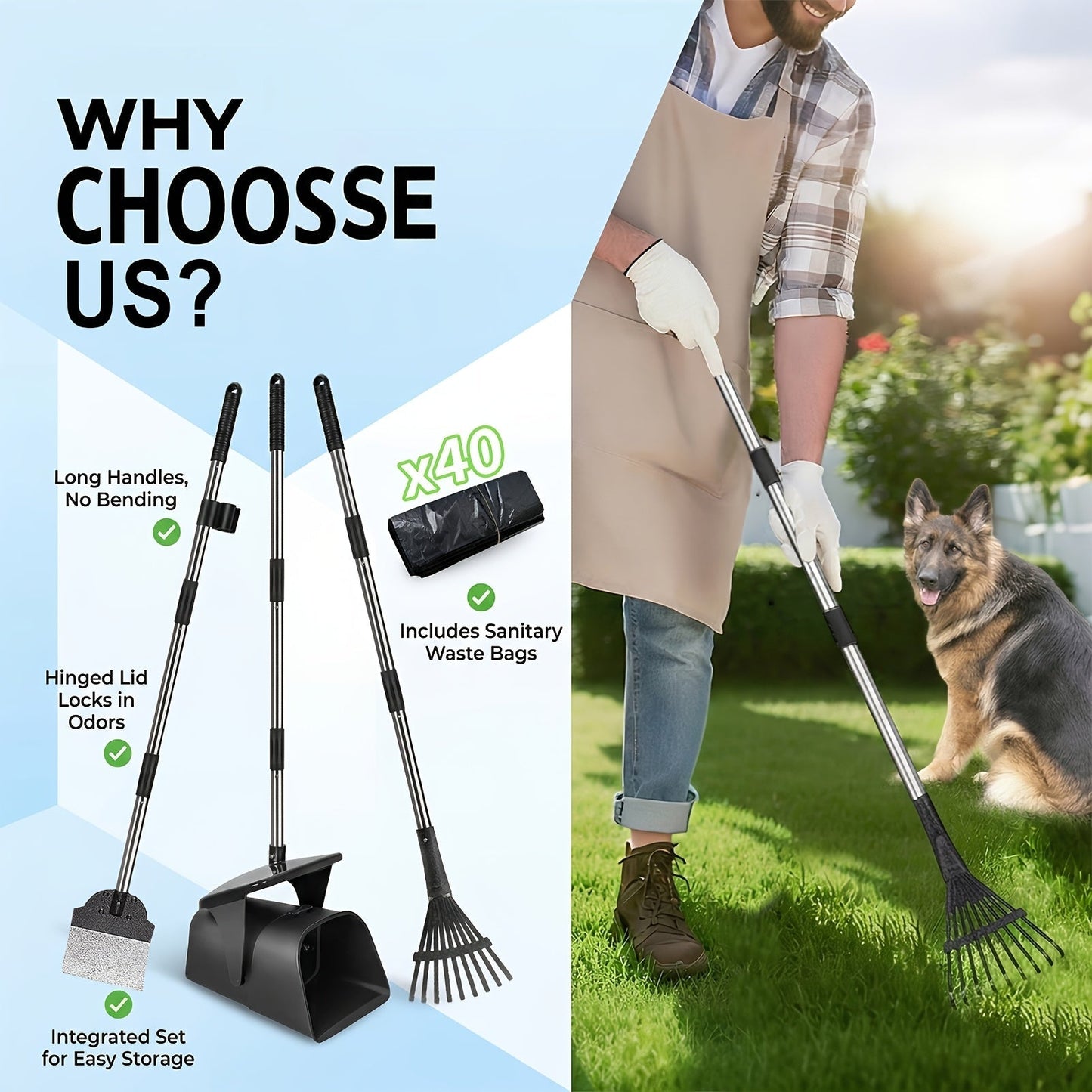 Dog Pooper Scooper Set Heavy Duty with Swivel Bin, Rake & Spade – Long Handle Pet Waste Removal Tool for Grass, Dirt & Gravel, Includes 40 Waste Bags, Great for Large Dogs
