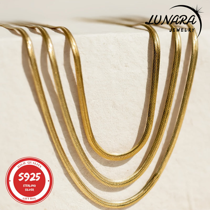 24K Gold Plated Herringbone Snake Chain Necklace 925 Sterling Silver 3.5mm Flat Chain for Women Men Gift Box Included 18-24 Inch