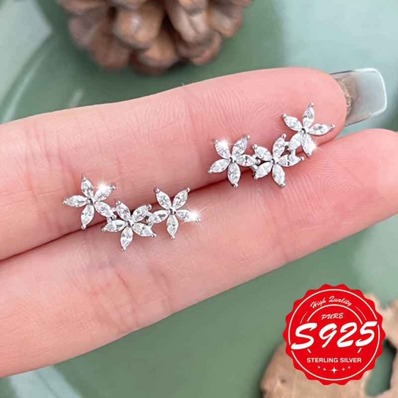 S925 Sterling Silver Five-Petal Flower Earrings for Women – Shiny Elegant Hypoallergenic Stud Earrings, Unique Floral Design for Daily Wear, Birthday & Gift for Ladies (4.65g)