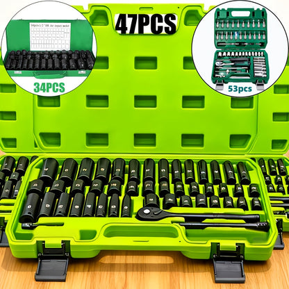 Impact Socket Set CR-V SAE & Metric 6-Point with Ratchet Handle Extension Rod – Choose 34pc 1/2" Drive, 47pc 3/8" Drive, or 53pc Tool Set for Car Repair Home Maintenance & Professional Use