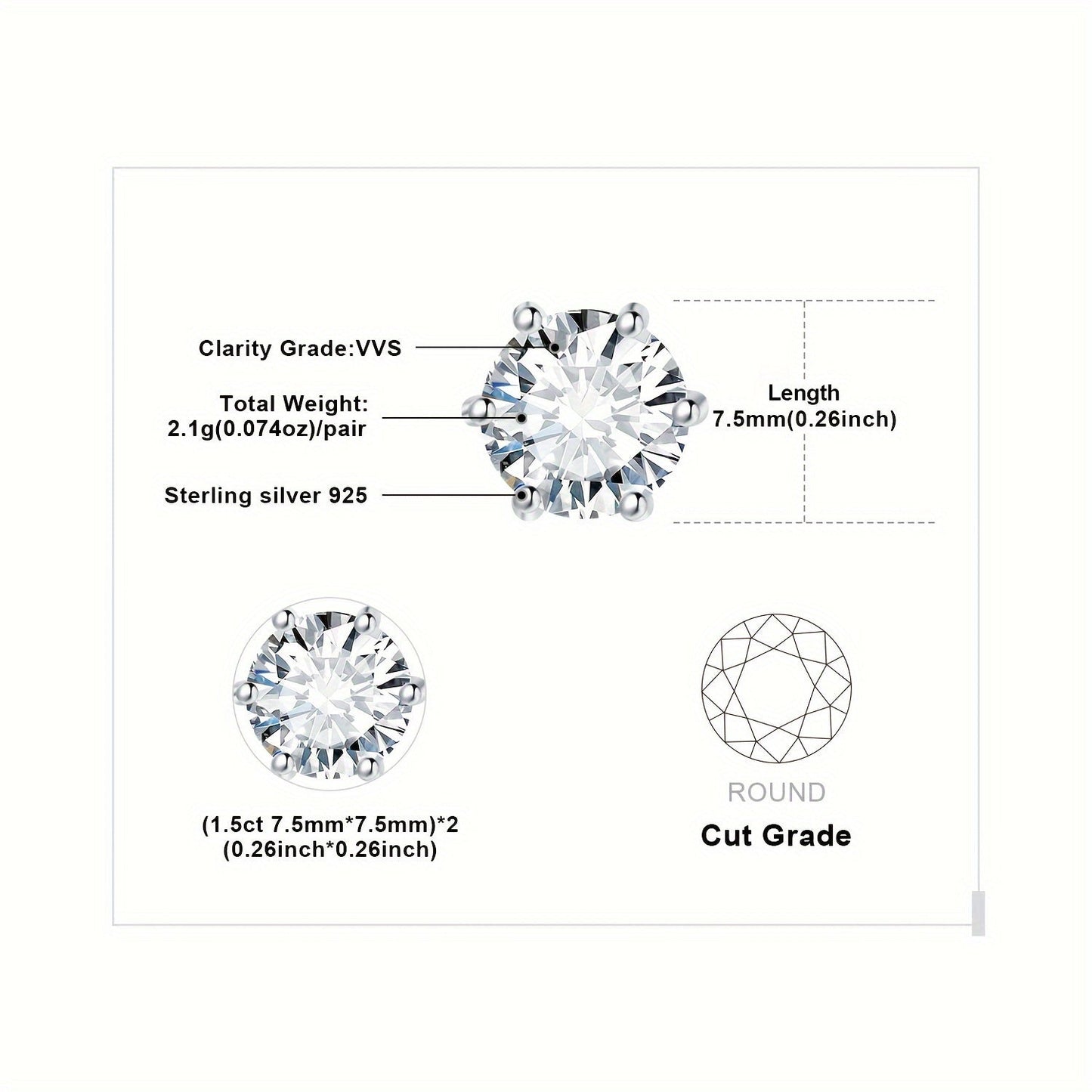 Moissanite Stud Earrings 925 Sterling Silver Round Cut Brilliant Sparkle 0.6ct to 6ct Platinum Plated Wedding Engagement Fine Jewelry for Women Girls Daily Prom Party
