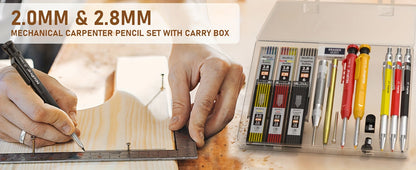 Carpenter Pencil Set with Sharpener – Mechanical Pencils with Refills, Automatic Center Punch & Carbide Scribe Tools in Sturdy Case, 15/16/17/18/27-Piece Pro Marking Kit for Woodworking