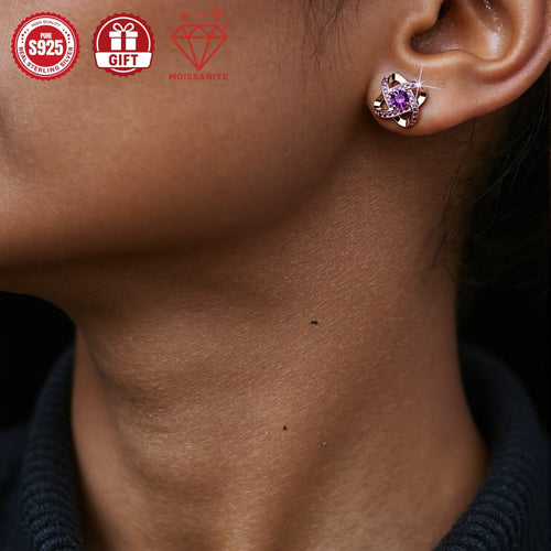 Purple Moissanite Four Leaf Clover Earrings – S925 Sterling Silver, Hypoallergenic Vintage Stud Earrings for Women, Elegant Gift Box Included, Perfect for Daily Wear, Banquets & Valentine's Day