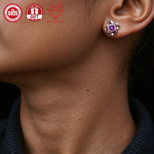 Purple Moissanite Four Leaf Clover Earrings – S925 Sterling Silver, Hypoallergenic Vintage Stud Earrings for Women, Elegant Gift Box Included, Perfect for Daily Wear, Banquets & Valentine's Day