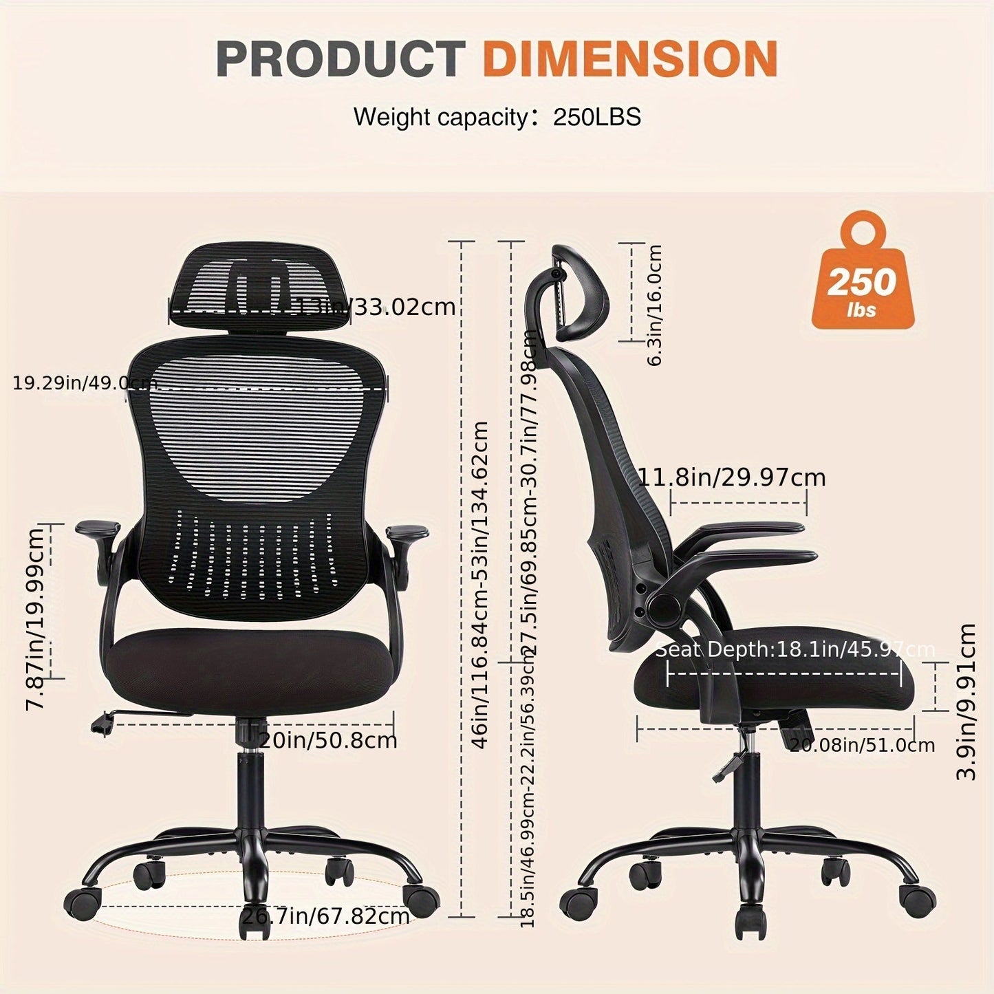 Ergonomic High Back Mesh Office Chair with Adjustable Headrest, Lumbar Support & Flip-Up Armrests – Stainless Steel Frame, Padded Seat, 5-Wheel Rolling Base – Home Office, Lab & Desk Chair (Black/Gray)
