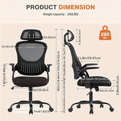 Ergonomic High Back Mesh Office Chair with Adjustable Headrest, Lumbar Support & Flip-Up Armrests – Stainless Steel Frame, Padded Seat, 5-Wheel Rolling Base – Home Office, Lab & Desk Chair (Black/Gray)
