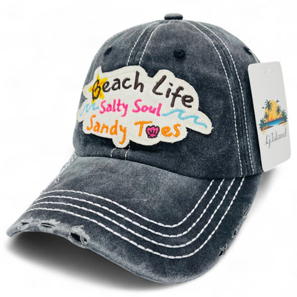 Beach Life Salty Soul Sandy Toes Vintage Distressed Embroidered Baseball Cap – Local Artist Design, 100% Cotton UV Protection Adjustable Coastal Sun Hat, Beach Lover Gift