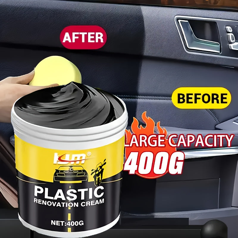 Car Plastic & Rubber Repair Cream All-in-One Trim Restorer Scratch Remover Tire Shine Wax, Anti-Cracking Anti-Aging Formula for Interior Exterior Car Detailing, Includes Sponge