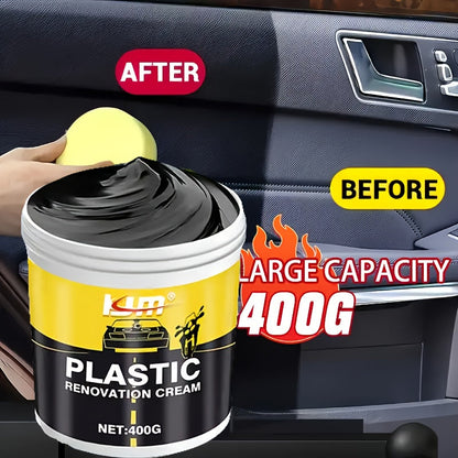 Car Plastic & Rubber Repair Cream All-in-One Trim Restorer Scratch Remover Tire Shine Wax, Anti-Cracking Anti-Aging Formula for Interior Exterior Car Detailing, Includes Sponge