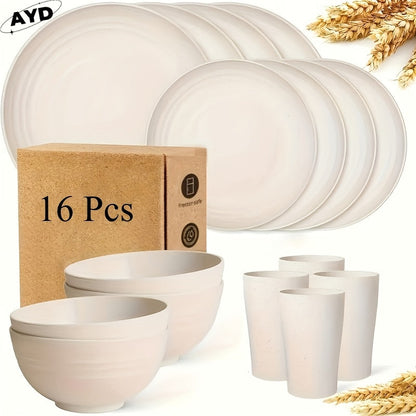 Wheat Straw Dinnerware Set 16 or 32 Piece Unbreakable Lightweight Dish Set with Dinner Plates Dessert Plates Bowls and Cups Dishwasher Microwave Safe Modern Kitchen Tableware Gift for Thanksgiving Christmas