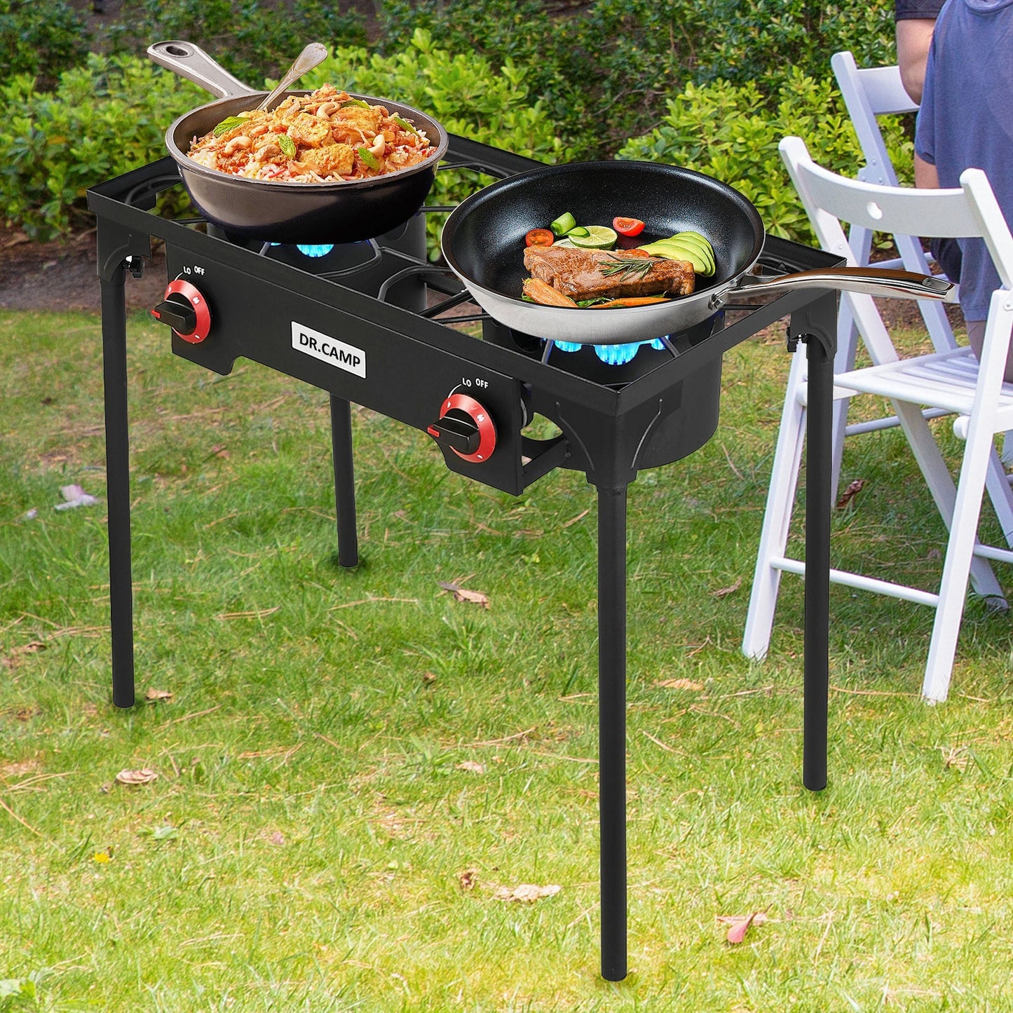 DR.CAMP Portable Propane Camping Stove – Heavy Duty Cast Iron Burner with Detachable Legs, Single & Double Burner Options, High Pressure Outdoor Gas Cooker for Camping, BBQ, Survival & Patio Cooking