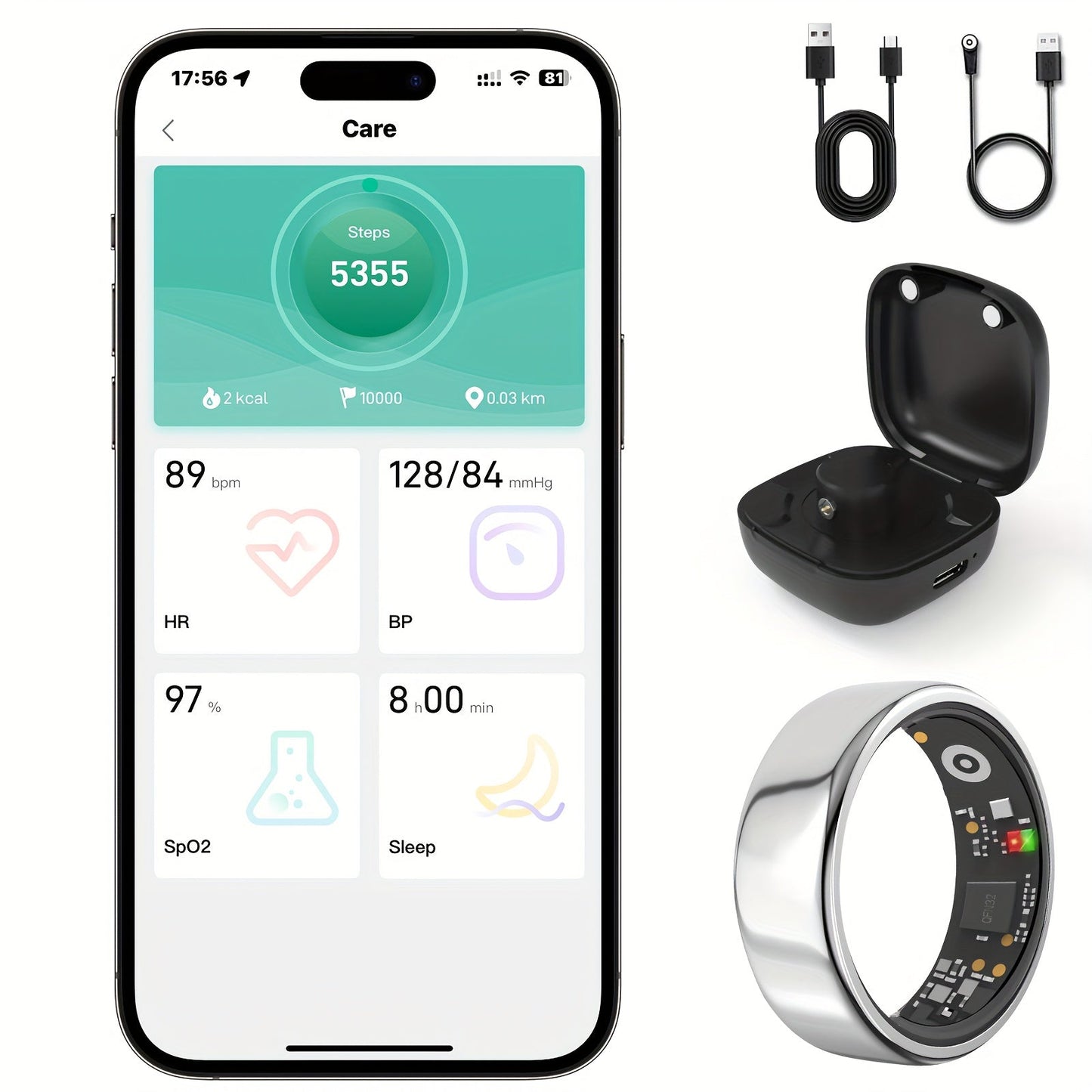 Smart Ring with Charging Case for Men & Women – Health Fitness Tracker, Sleep Tracker, Step Counter, Distance Monitor, Compatible with iPhone & Android, Sizes 7-13, Black, Silver & Gold