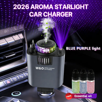 3-in-1 Retractable Car Charger with Starlight Projector & Aromatherapy – Fast Charging USB-C 2.6ft Cable for iPhone 16 17 Galaxy S25 S26, Car Phone Charger with Ambient Light (Perfume Sold Separately)