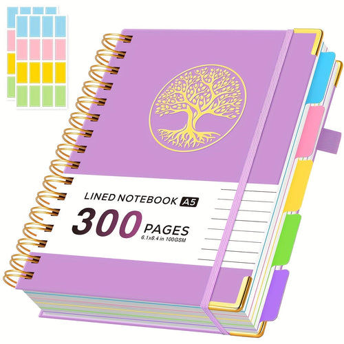 A5 Hardcover 5-Subject Spiral Notebook Journal – 300 College-Ruled Pages with Removable Divider Tabs & Pocket, 6.1" x 8.4" Lined Notebook for Work, School & Note Taking, Back to School Supplies